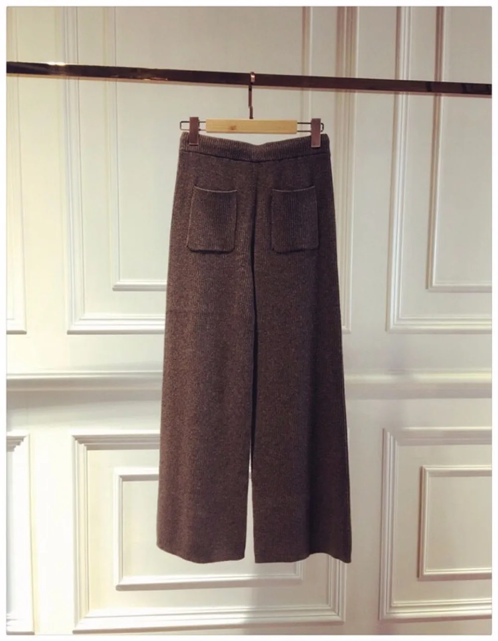 Новые зимние и осенние кашемировые вязаные женские широкие штаны с высокой талией, длинные брюки, вертикальные вогнутые выпуклые полосатые S-XL