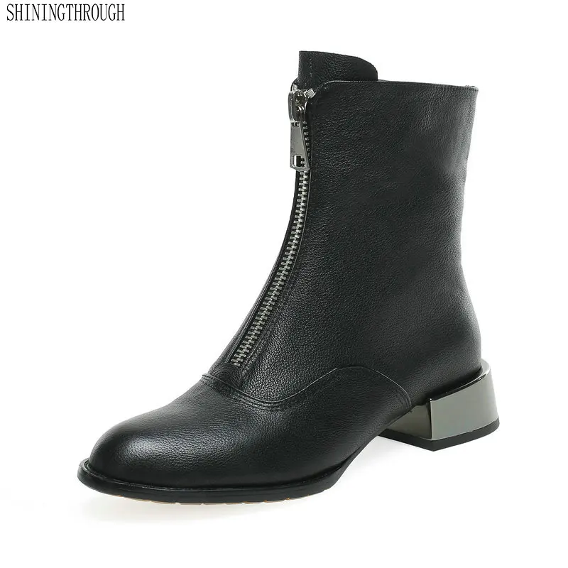 

Women Ankle Boots Autumn Winter Genuine Leather low Heels Shoes Woman Round Toe Zipper Elegant Basic Boots size 41 42 43