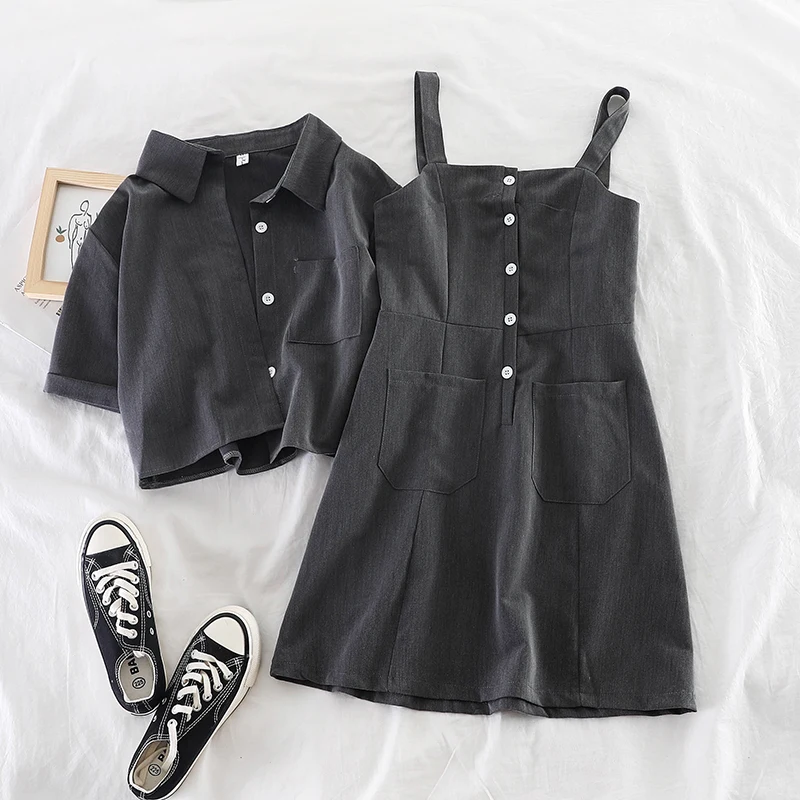 

2019 new fashion women's two piece set Temperament strap dress+ short shirt two-piece tide girl