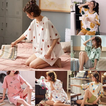 

Women Cute Sleepwear 2PCS T Shirt And Shorts Pajamas Set Print Nightwear Loose Intimate Lingerie Pyjamas Casual Homewear