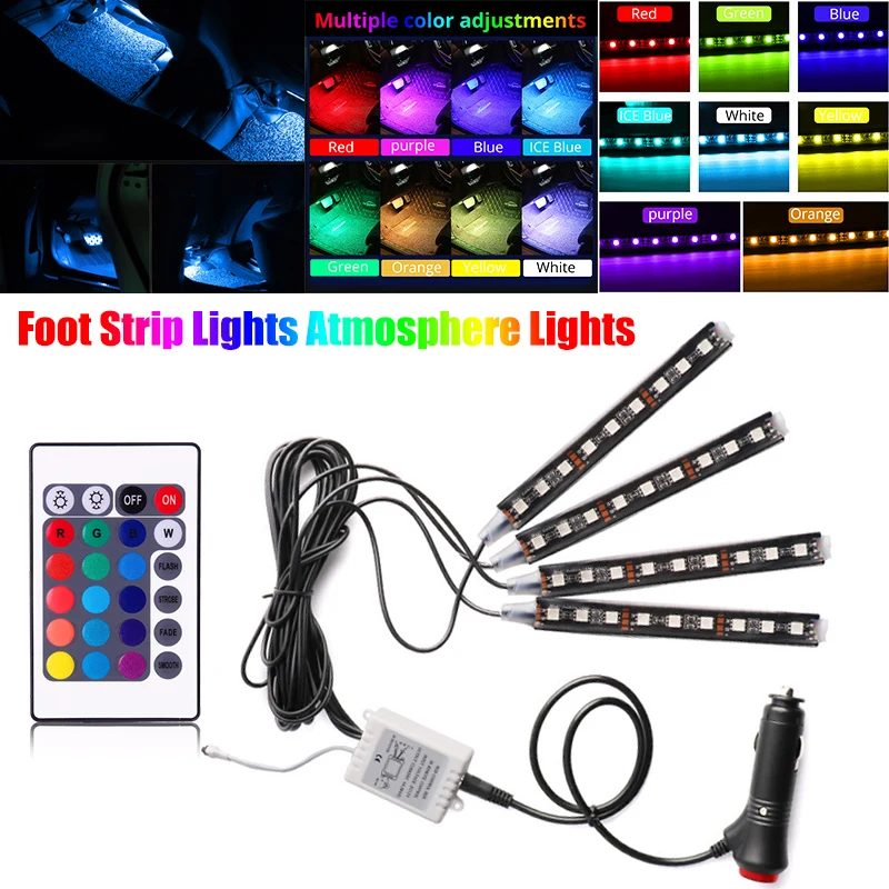 

4pcs/set 9 LED Car Interior Atmosphere Light Cigarette lighter Type Wireless Remote Control RGB Car Decorative Light Strips