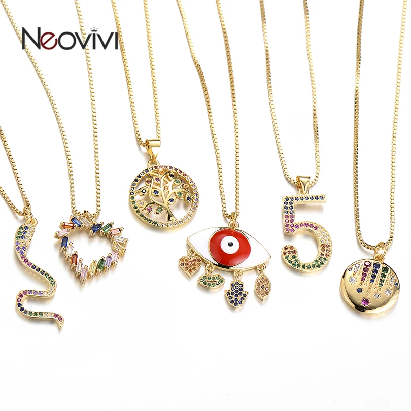 

Neovivi Gold Rainbow Pendant Necklace Zircon Women Necklace Eye Heart Snake Five Number Star Life Tree Necklaces jewelry Ladies