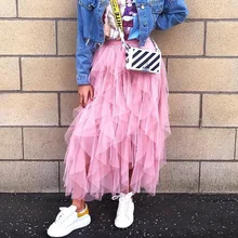 Женские двухслойные тюлевые юбки в стиле ретро, женские юбки с эластичной талией, однотонные длинные плиссированные юбки, элегантные асимметричные юбки