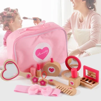 

10 Pcs Wooden Pretend Play Makeup Playset for Girls Role Play Cosmetics Bag Toy Simulation Beauty Accessories for Kids