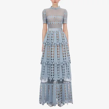

HAMALIEL Autumn Runway Self-portrait Long Dress Women Short Sleeve Pathcwork Layers Ruffles Hollow Out Female Party Cake Dresses