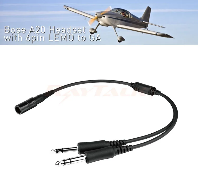 Bose A20 Headset with 6 pin LEMO to General Aviation (GA) Adapter Cable