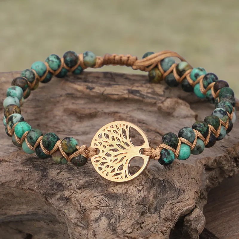 

Handmade Natural Stone Boho Yoga Wrap Bracelet & Bangle Tree Charm Bracelets African Japser String Braided Bracelets