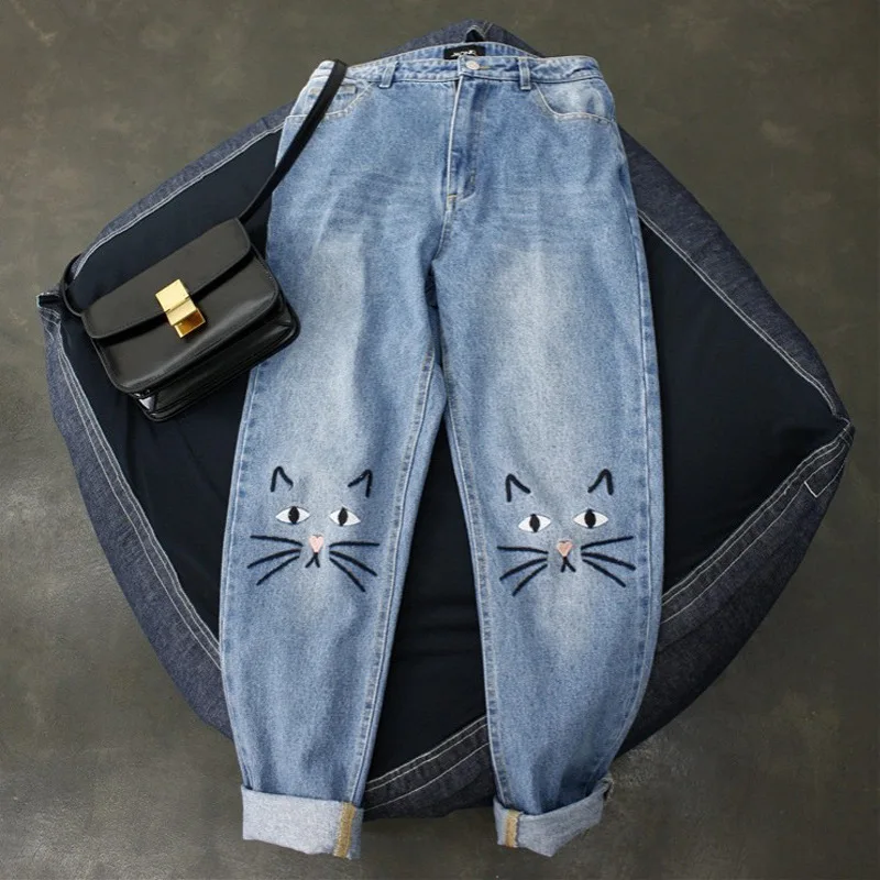 Женские джинсы с вышивкой в виде милого кота, женские джинсы с эффектом пуш-ап, Джинсовые штаны с высокой талией, Джинсы бойфренда, Femme-85 - Color: Blue