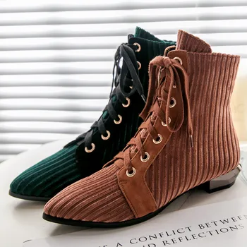 

Women's genuine suede leather flock patchwork lace-up flats ankle boots leisure femalae short autumn boots high quality shoes