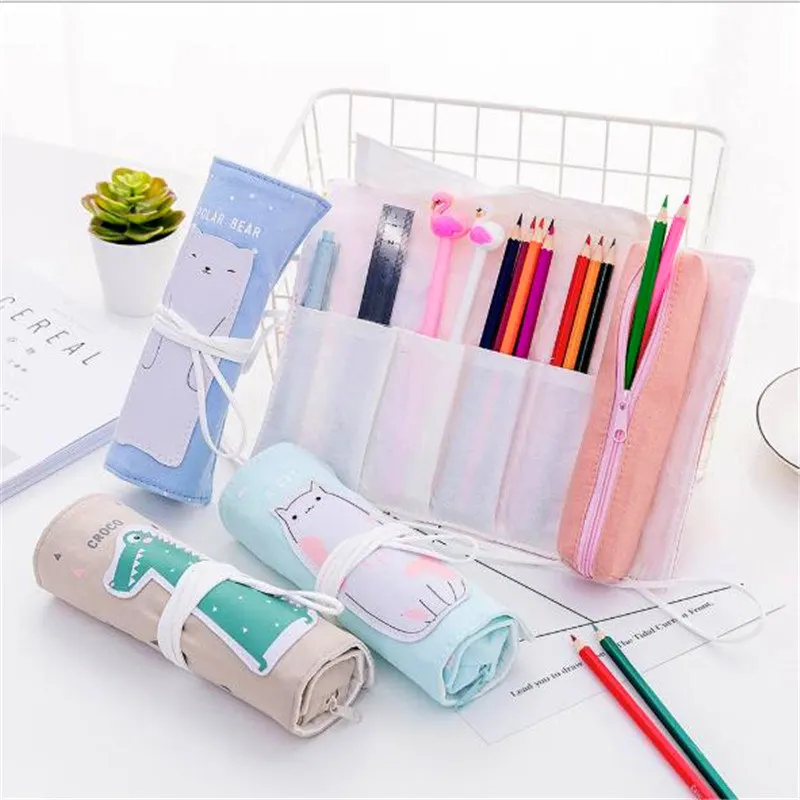 

Simple Lovely Roll Linen Cartoon Animal Pencil Case Bag For Girls Portable School Office Stationery Supplies New Arrival