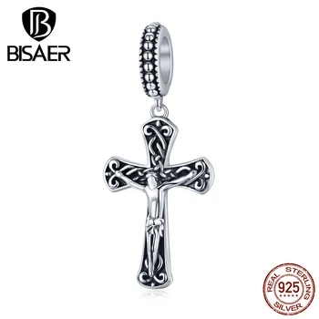 

925 Sterling Silver BISAER Authentic Religion Cross Jesus Charms Lucky Beads fit Bracelets Jewelry Making GXC1407