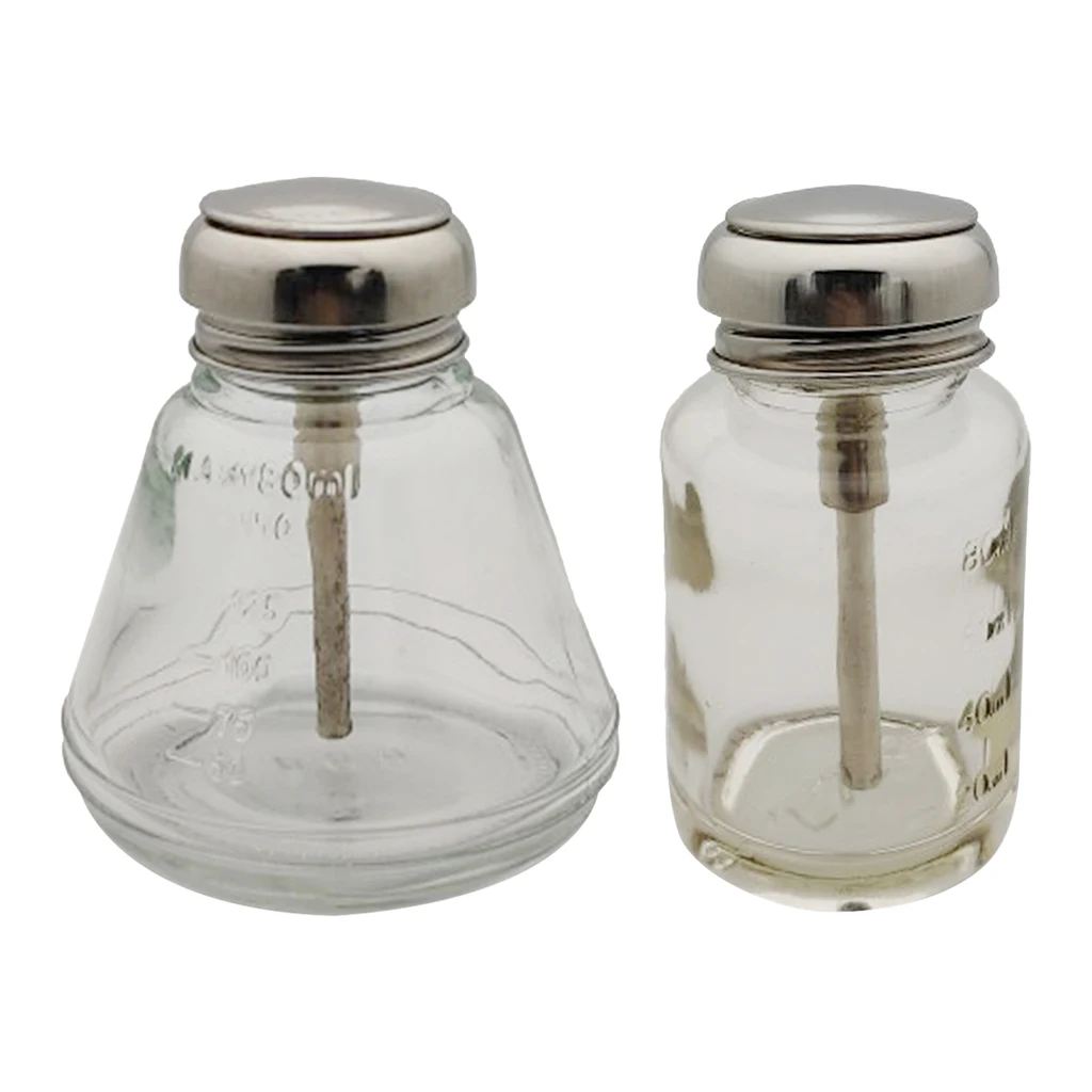 2Pcs 80ml & 180ml Glass Push Down Empty Press Bottle Alcohol Acetone Pump Dispenser Vials for Nail Polish and Makeup Remover 