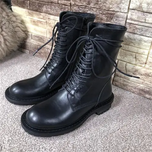 leather indise Женские зимние ботинки в байкерском стиле; Botas Mujer; кожаные ботинки; Bota Feminina; уличный стиль; модные ботинки до середины икры; Botines Mujer; zapatos De Mujer - Цвет: leather indise
