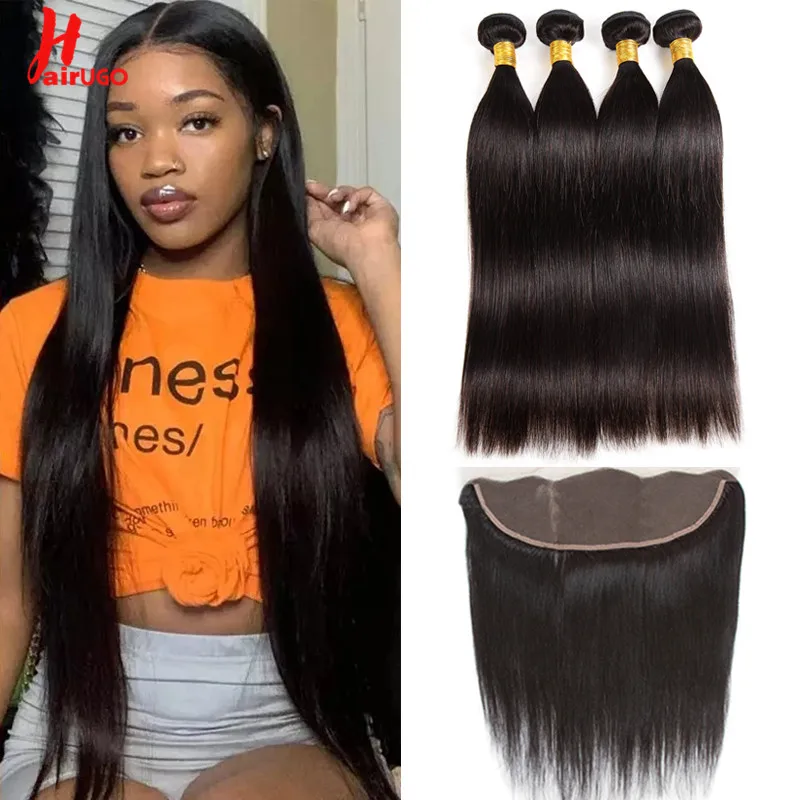 

HairUGo Straight Human Hair Bundles With Frontal Non-Remy 13*4 Lace Front With Bundle Hair Weave Extension Peruvian Hair Weaving