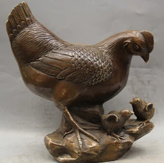 

free shipping 10" Chinese Feng Shui Bronze 3 Chicken Chook Rooster Cock officer Animal Statue