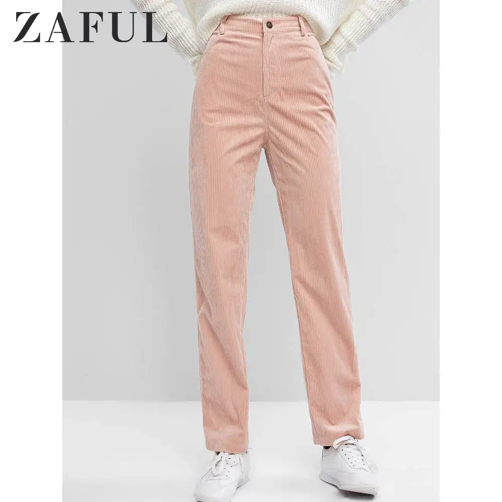 ZAFUL вельветовые штаны с высокой посадкой для женщин, прямые брюки с карманами на плоской молнии, повседневные однотонные женские штаны