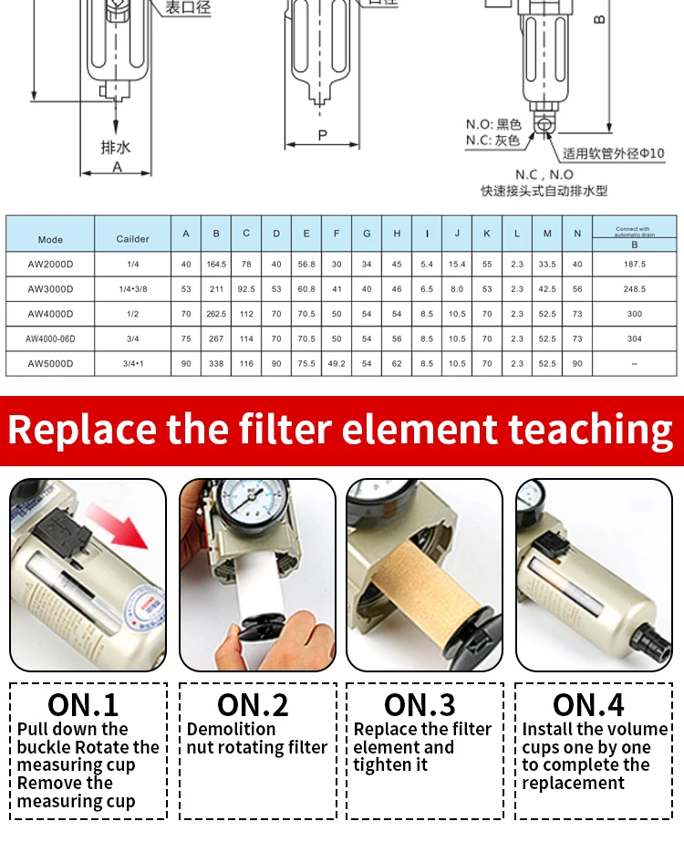 Filtro de ar pneumático manual com separação de óleo e água