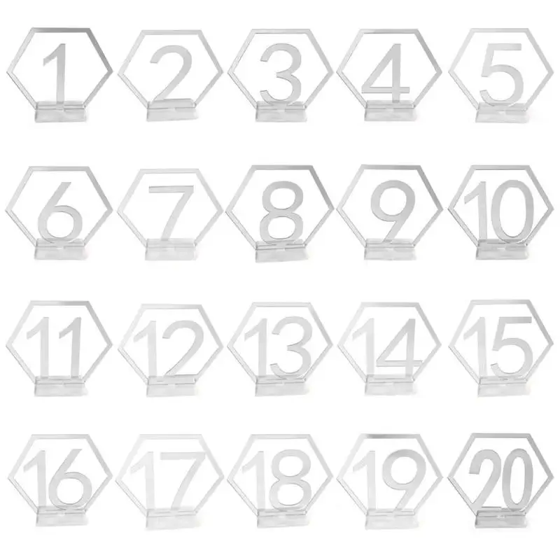 Новинка, свадебные шестигранные таблички на стол с цифрами для украшения дня рождения, акриловые геометрические цифры, карточки на стол, римские цифры - Цвет: Серебристый