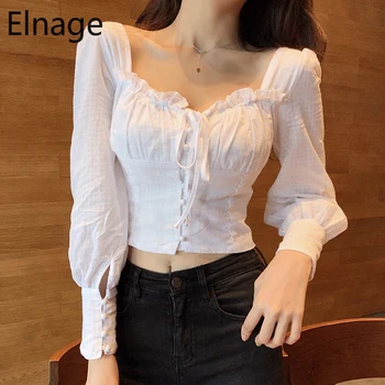 

Elnage Sexy Slim Fit Vintage Long Sleeve Shirts Blusas Blouse White Retro Solid Spring Summer Women Tops Fashion Clothes 5A415