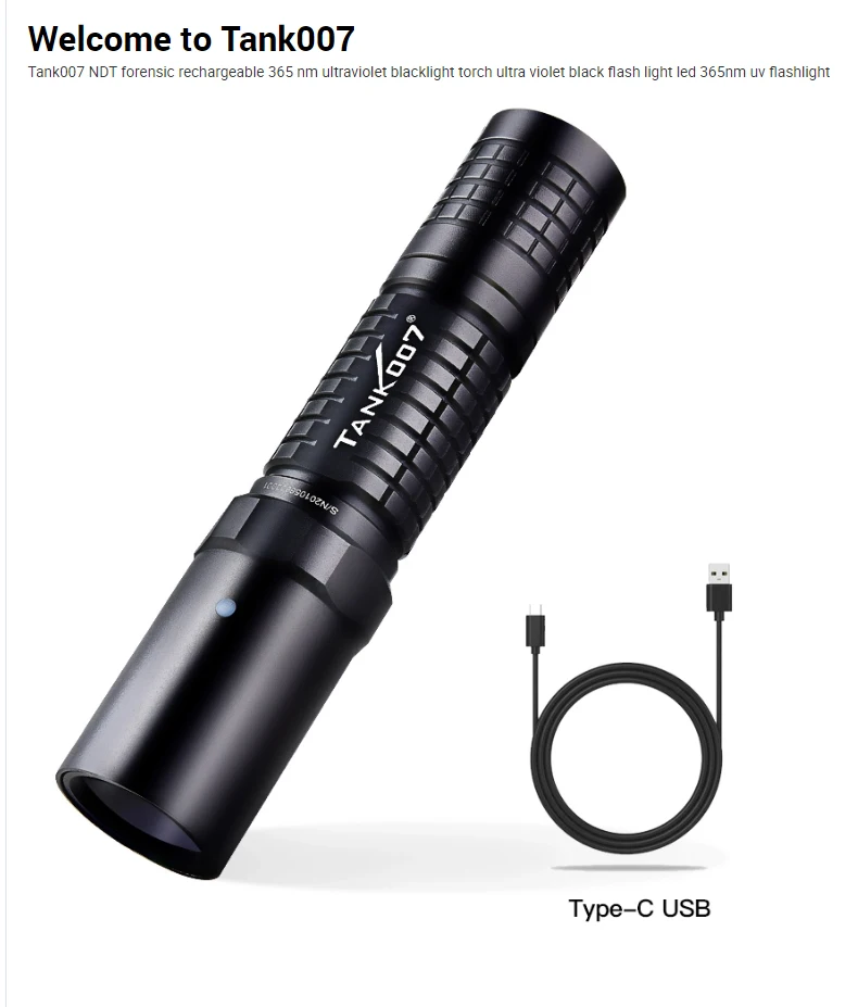 Description Picture 2 of itemTANK007 L03C NDT Anti-Counterfeit Cold Light Source UV LED 365nm Blacklight Ultraviolet Light Flashlight Curing USB Rechargeable