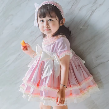 

3PCS Summer Autumn Baby Girl Lace Pink Vintage Spanish Princess Dress with Hat & Pants Lolita Birthday Party Dress for Girl