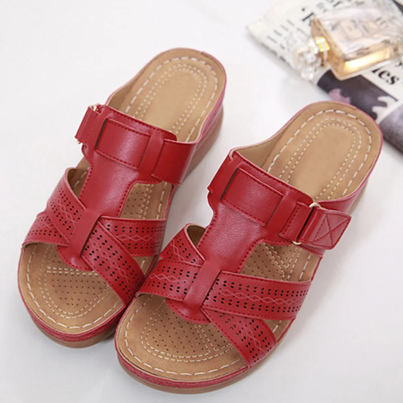 

2019 Open Toe Women's Slippers Vintage Anti-Slip Breathable Middle-Aged Shoes With Wedges Casual Slippers For Summer BS88