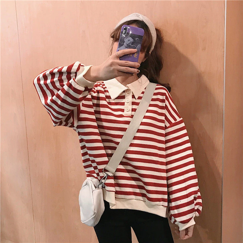 

Autumn Women Striped T-Shirt Long Sleeve Turn-Down Collar Sweet Female Tops Tee Shirts Button Casual Ladies Vogue Tshirt