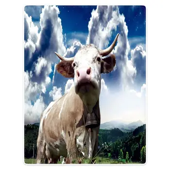 

HommomH150x200 cm blanket warm and soft flannel portable sofa blanket blue sky white clouds & cute cow pattern