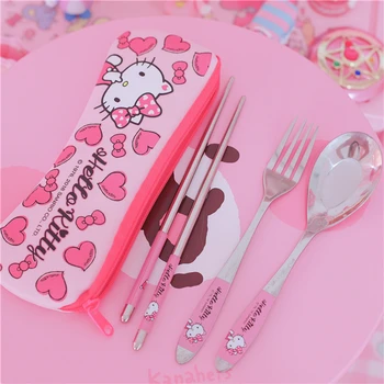 

15sets kawaii cartoon cat tableware set stainless metal spoons fork and chopsticks girls party favors christmas gift