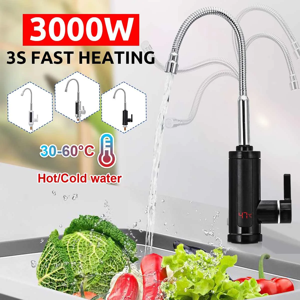 3000W 220V Cocina eléctrica grifo calentador de agua instantánea grifo de agua caliente calentador de frío calefacción grifo calentador de agua sin tanque con LED
