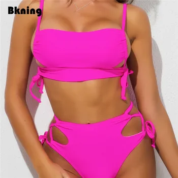 

Womens Swimsuit with High Weist Bikini Woman 2020 Brazilian Swim Suit Swimwear 2 Pieces Tie Waisted Bandeau Pink Green Solid New