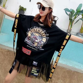 

Runway Mesh Long T Shirt Women Letter Print Ribbon Tshirt Abstract Graphic Tee Top Harajuku Female T-Shirt Streetwear Summer