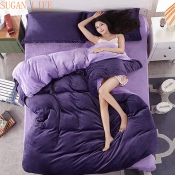 

2019 winter Fleece bedding set reversible duvet cover double side flannel flat sheet 3/ 4pcs bed linen home bedclothes caroset