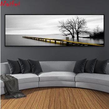 

Natural landscape Diy Diamond Embroidery The calm Lake Yellow Long Bridge Scene Black White 5d diamond Painting Home Decoration