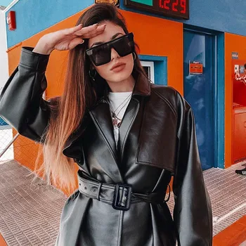 

2019 New Fashion Autumn Winter Women Leather Jacket Streetwear Moto Windbreaker Ladies Vintage Long Sleeve Sashes Coat Outwear