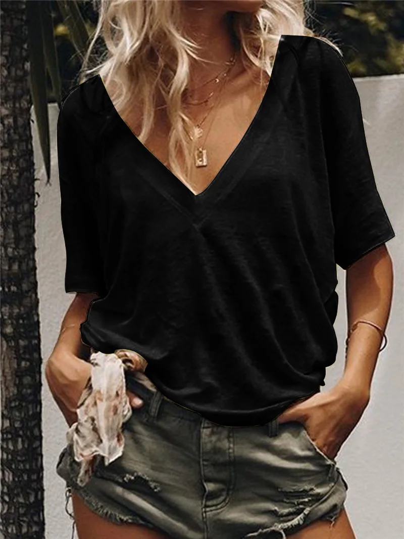S-5XL Summer Solid T Shirt Ladies Sexy V Neck Short Sleeve Tshirt Casual Loose Basic Black White T-Shirt Tee Tops for686_voghion.com