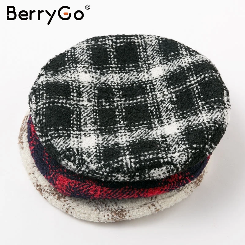 BerryGo, повседневные, на шнуровке, Осенние, теплые, для девушек, шапки бини, Ретро стиль, плед, для женщин, твидовый берет, шапка,, модные, женские, зимние, для художника, шапки