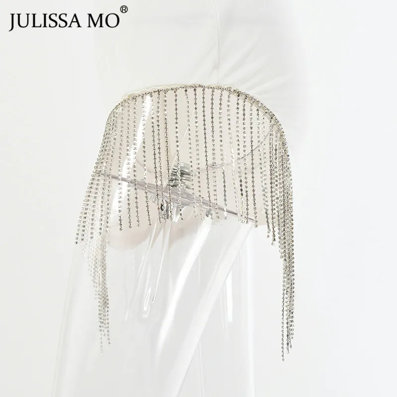 Julissa mo Новые Вечерние платья с блестящими бриллиантами, женское сексуальное облегающее платье на тонких бретелях, модное мини-платье с кисточками и подолом белого цвета