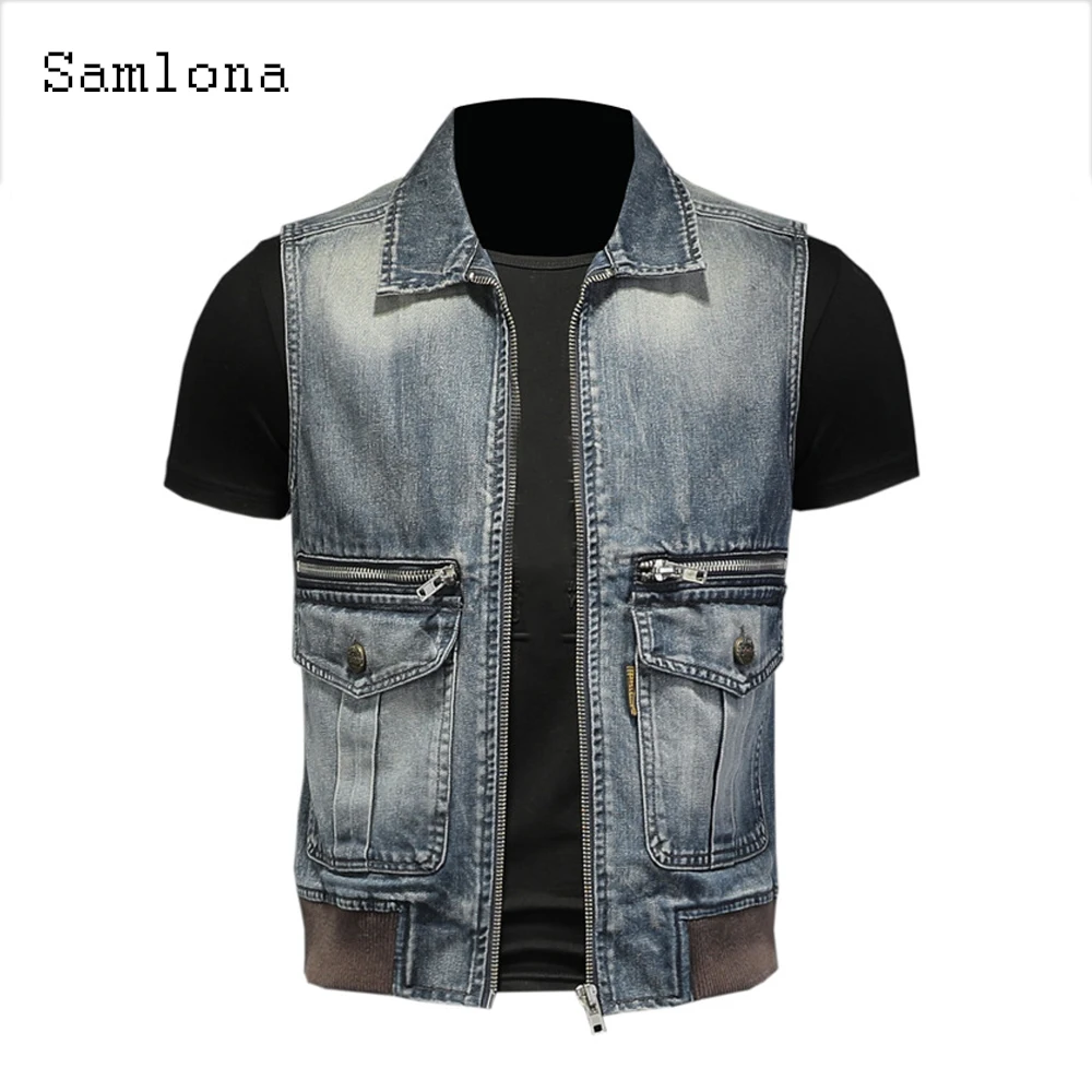 Samlona Mens Fashion Leisure Demin Vest Spliced Retro Jean Outerwear 2022 European and American style Autumn Zip up Deim Jackets