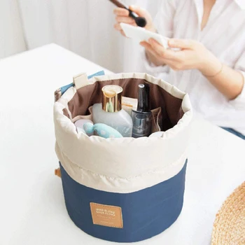 

Nylon Drawstring Travel Cosmetic Bag Round Travel Makeup Bag Organizer Make Up Case Storage Pouch with Clear Brush Bags