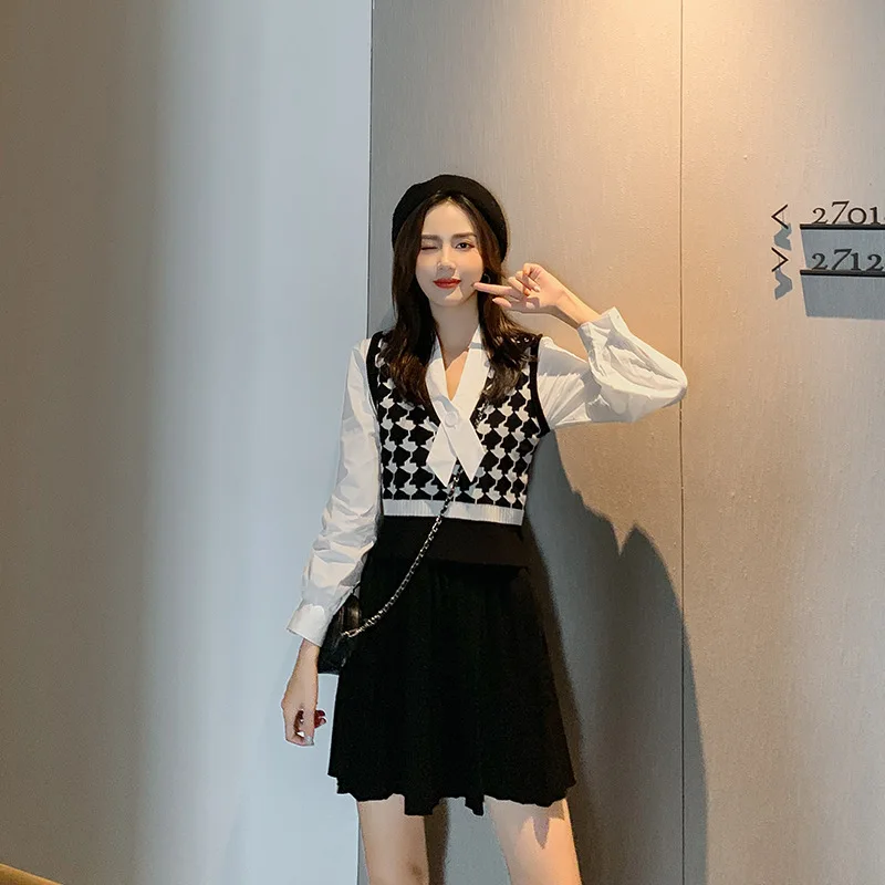 

2019 Autumn And Winter New Style Vest Knitted Sweater Three-piece Set Dress Outfit Dress