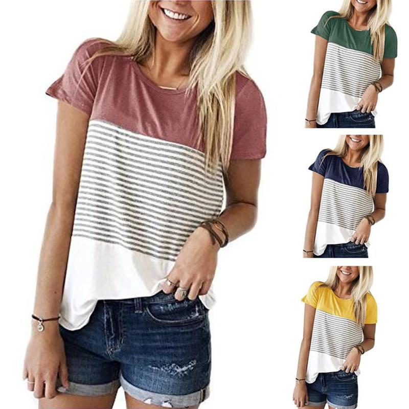 Camisetas a rayas para mujer, ropa de moda de tres colores con costuras de manga corta, Camiseta de cuello redondo de verano