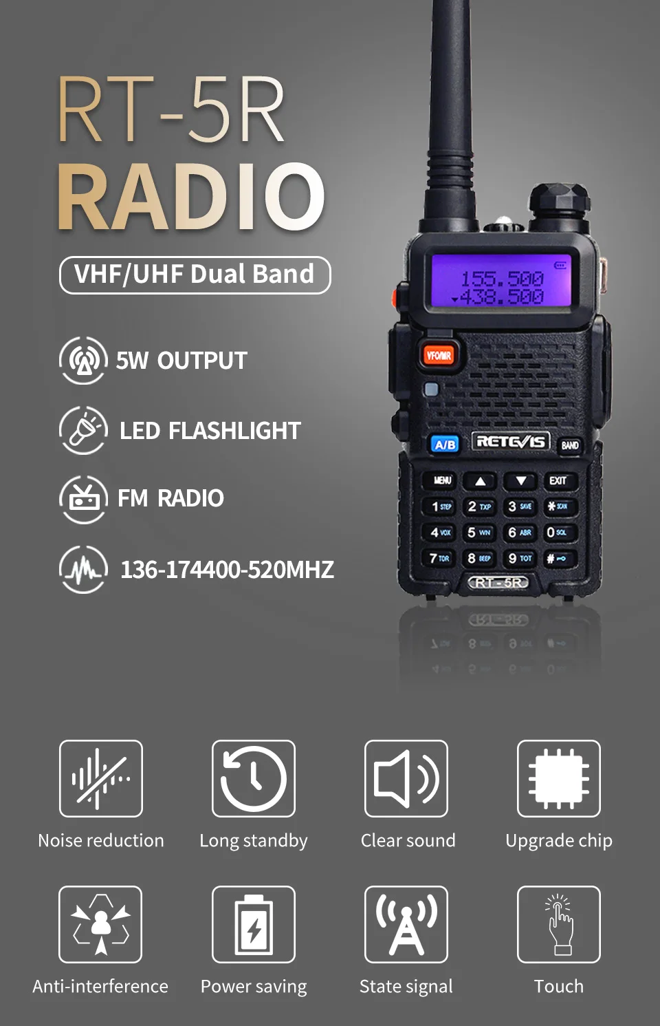 2 шт. Retevis RT5R Walkie Talkie 5 Вт 128CH VOX Scan UHF VHF радиостанция Двухдиапазонная Портативная радиостанция для охоты
