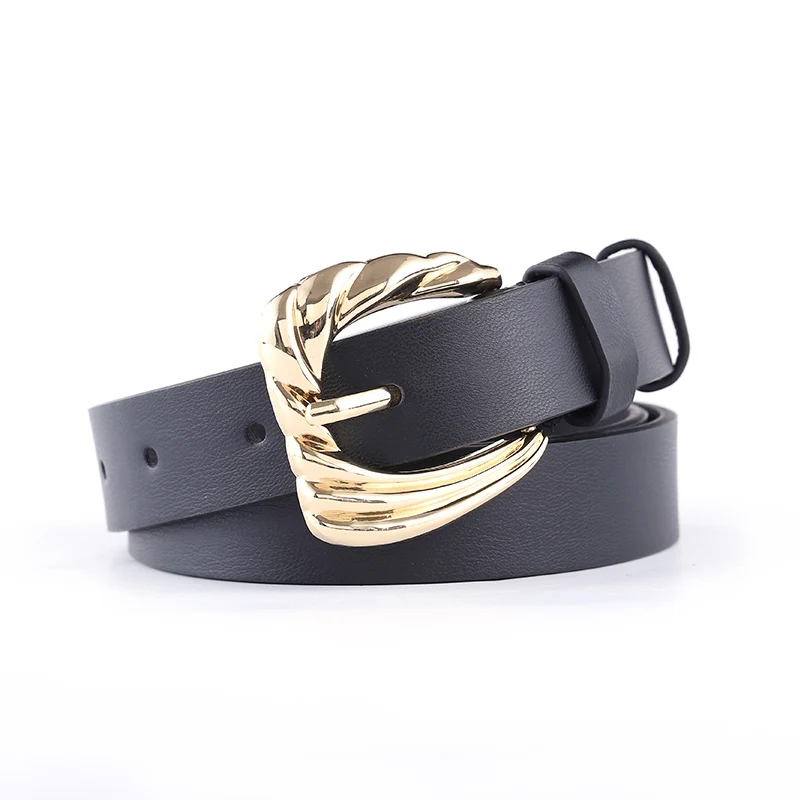 

Kemeiqi black gold buckle belt ladies fashion personality belt with pin buckle decoration ladies belt matching