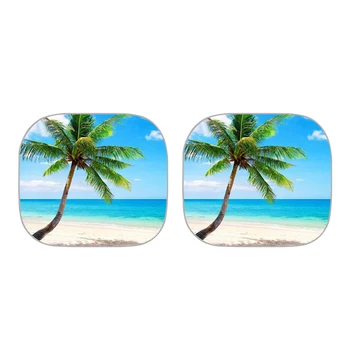 

2-piece Auto Car Front Rear Window Sun Shades Beach Palm Tree Decorative Visor Windshield Block UV Univercal Foldable Sunshade