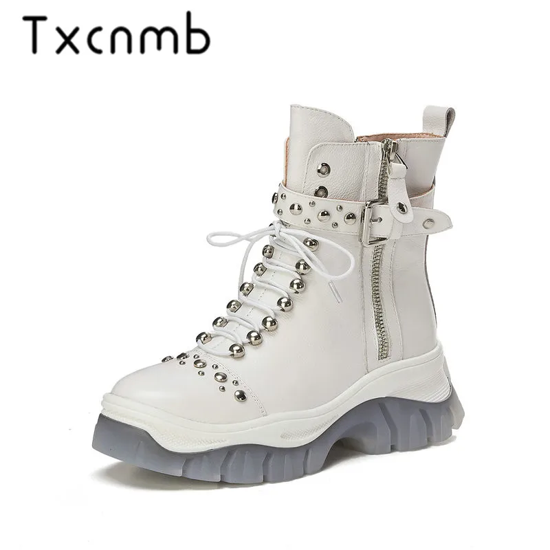 

TXCNMB Boots Women 2020 Genuine Leather Chelsea Boots Handmade Ankle Boots Brand Round Toe Platform Ladies Shoes Woman