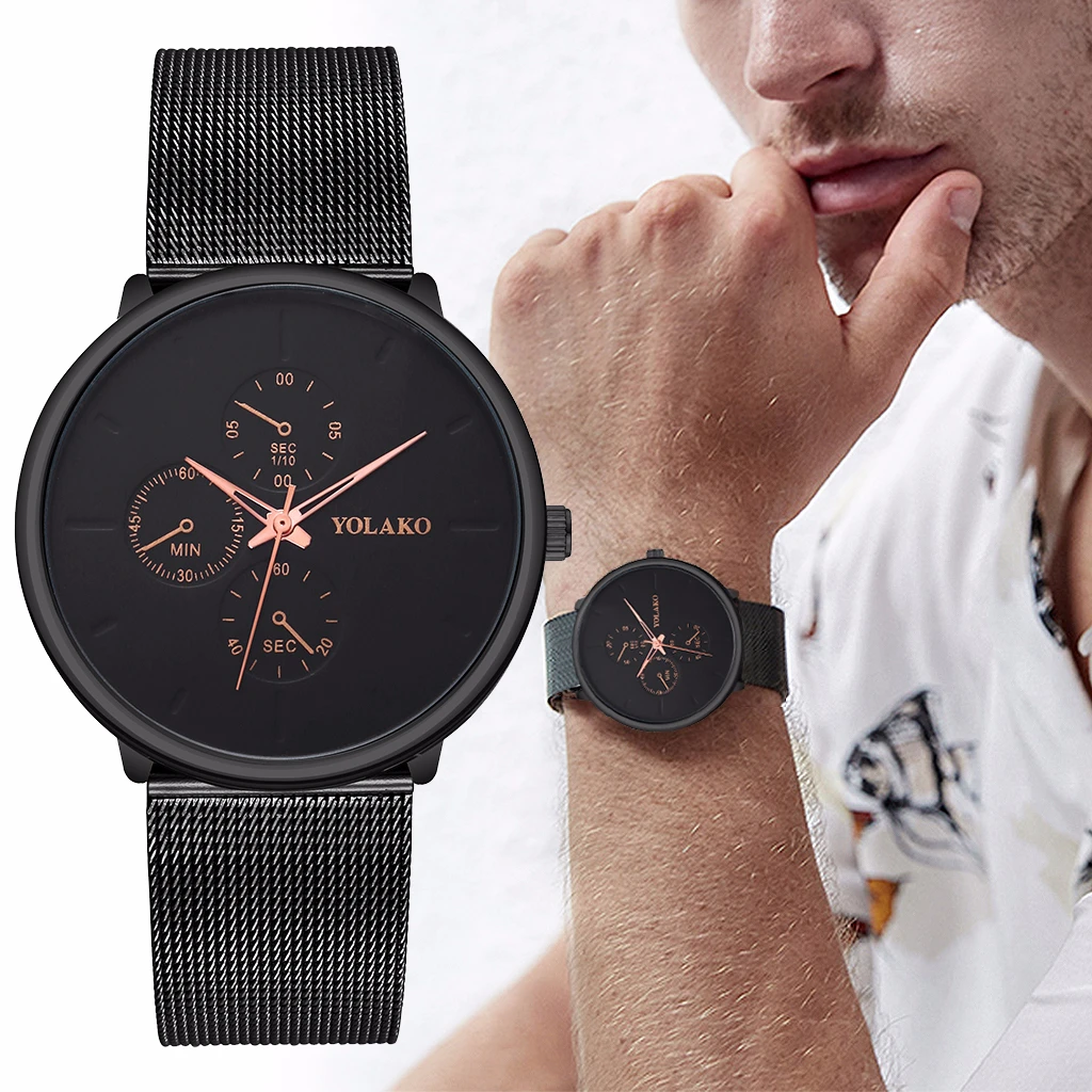 

YOLAKO Men Black Stainless Steel Mesh Belt Quartz Business Watches Luxury Casual Sport Watch Clock Relogio Masculino