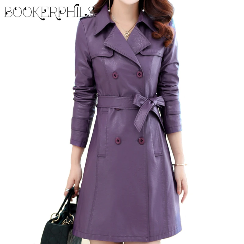 

2017 Autumn Winter Fashion Long Leather jacket women Plus Size Double Breasted Female coat PU Faux Leather Women Outwear M-4XL