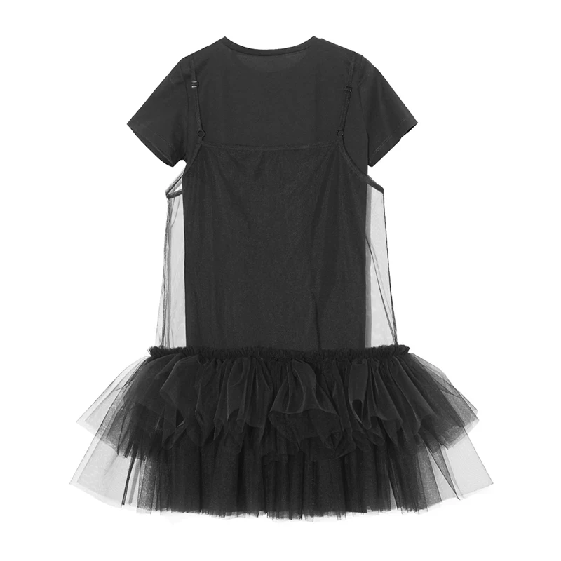 

2019 Summer And New Autumn Fashion Women Clothes Short Sleeves Mesh Covered Ruffles Organza Fake Two Pieces Dress Z040