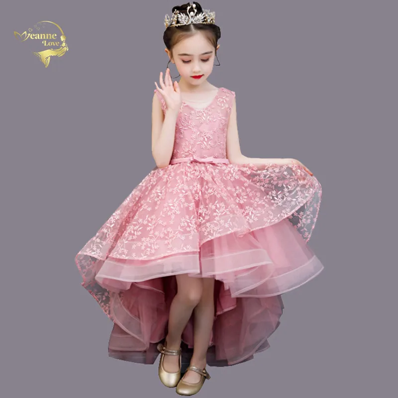 

High Low Blush Pink Cute Flower Girl Dresses Princess First Holy Communion Dress Short Front Long Back Kids Baby Party Prom Gown